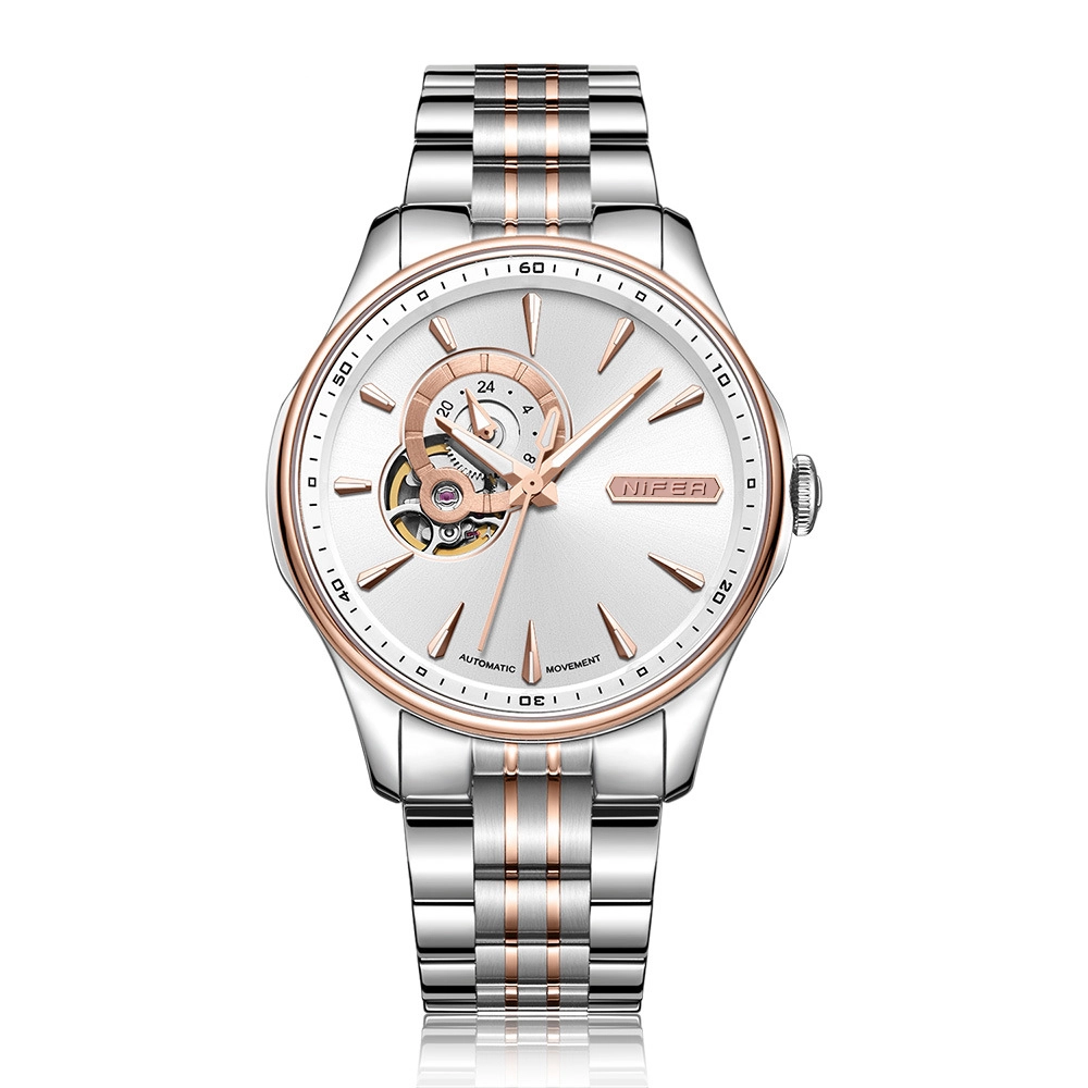 Nifer Montre mécanique automatique pour homme, cadran squelette partiel 24 heures, montre-bracelet bicolore en acier inoxydable or rose 1