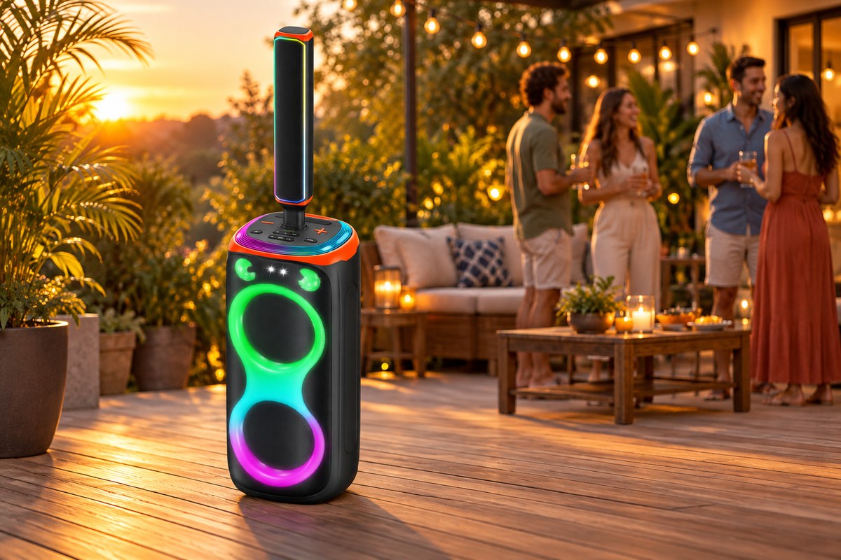 AP-2109YZ2 sound column speaker in a backyard gathering setting