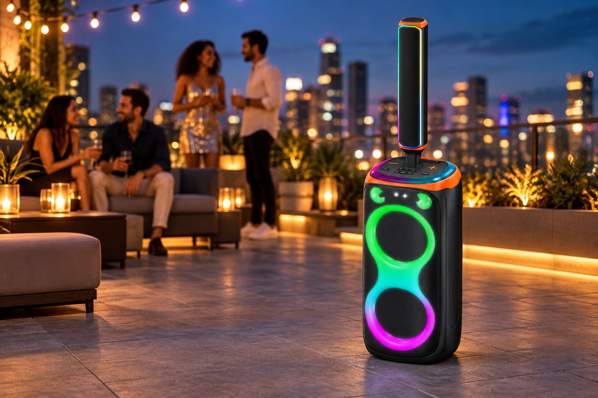 AP-2109YZ2 sound column speaker in a rooftop party setting