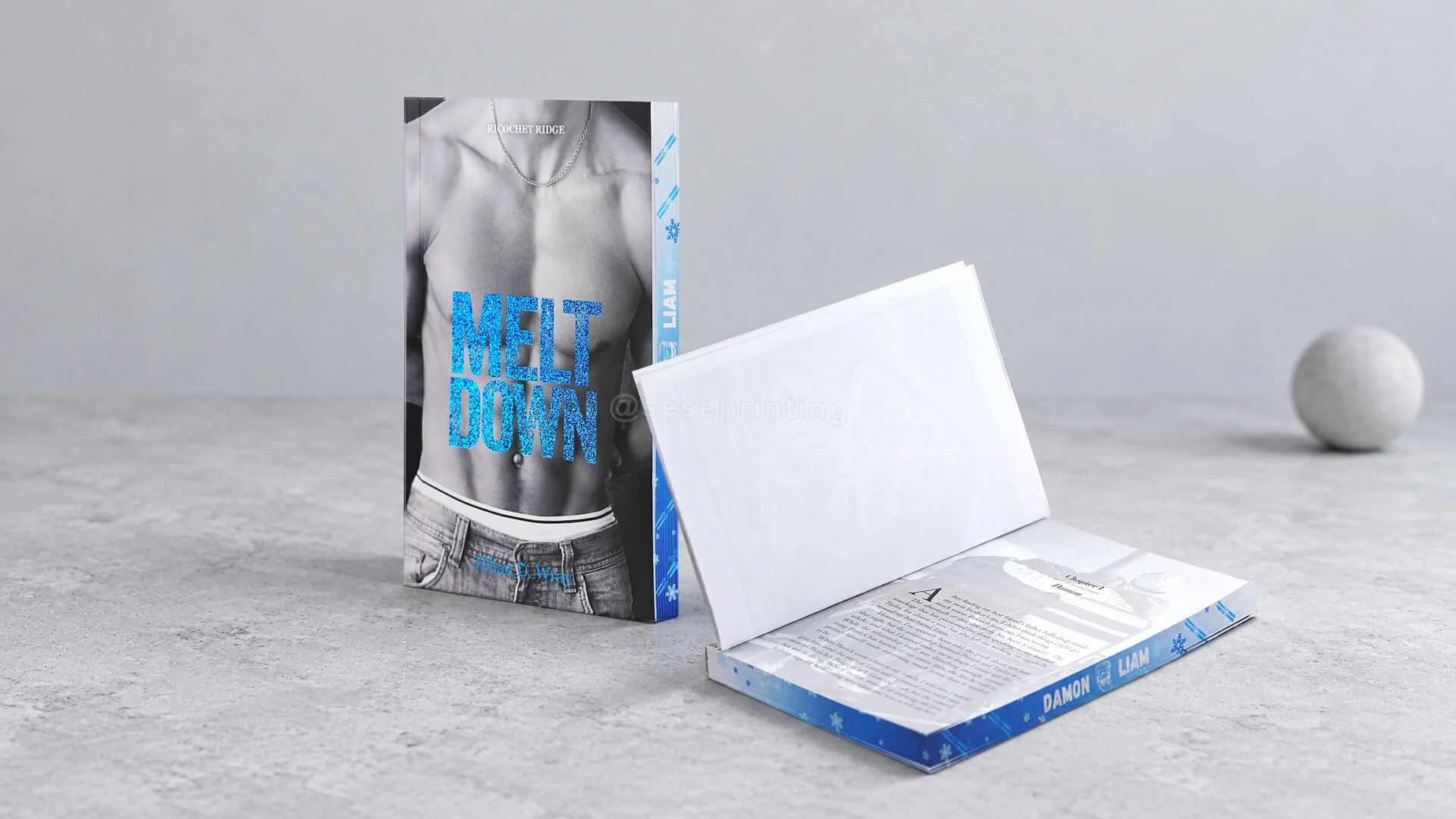 Custom Contemporary Romance Paperback with Blue Foil Lettering and Patterned Sprayed Edges 1