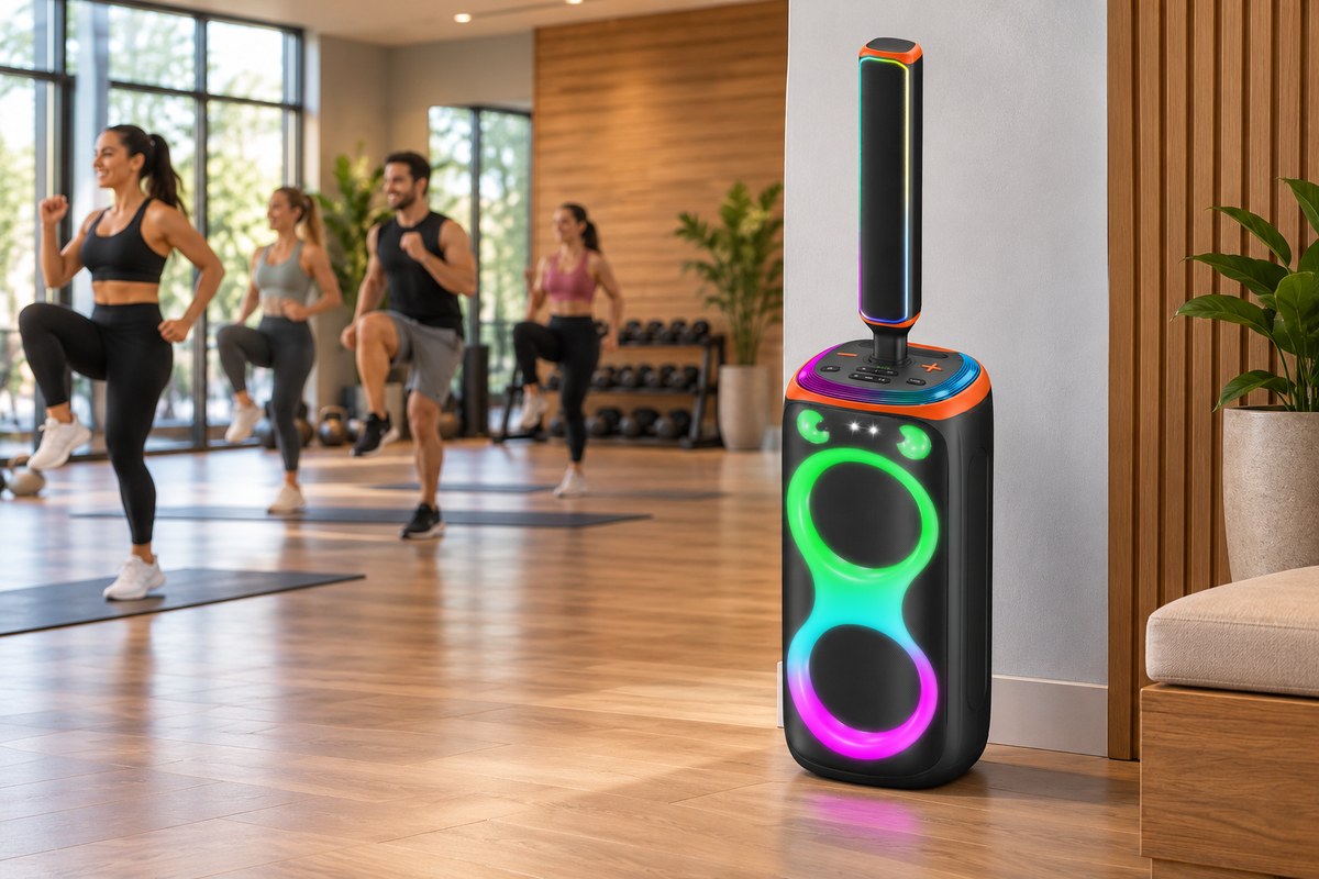 AP-2109YZ2 sound column speaker in a fitness studio setting