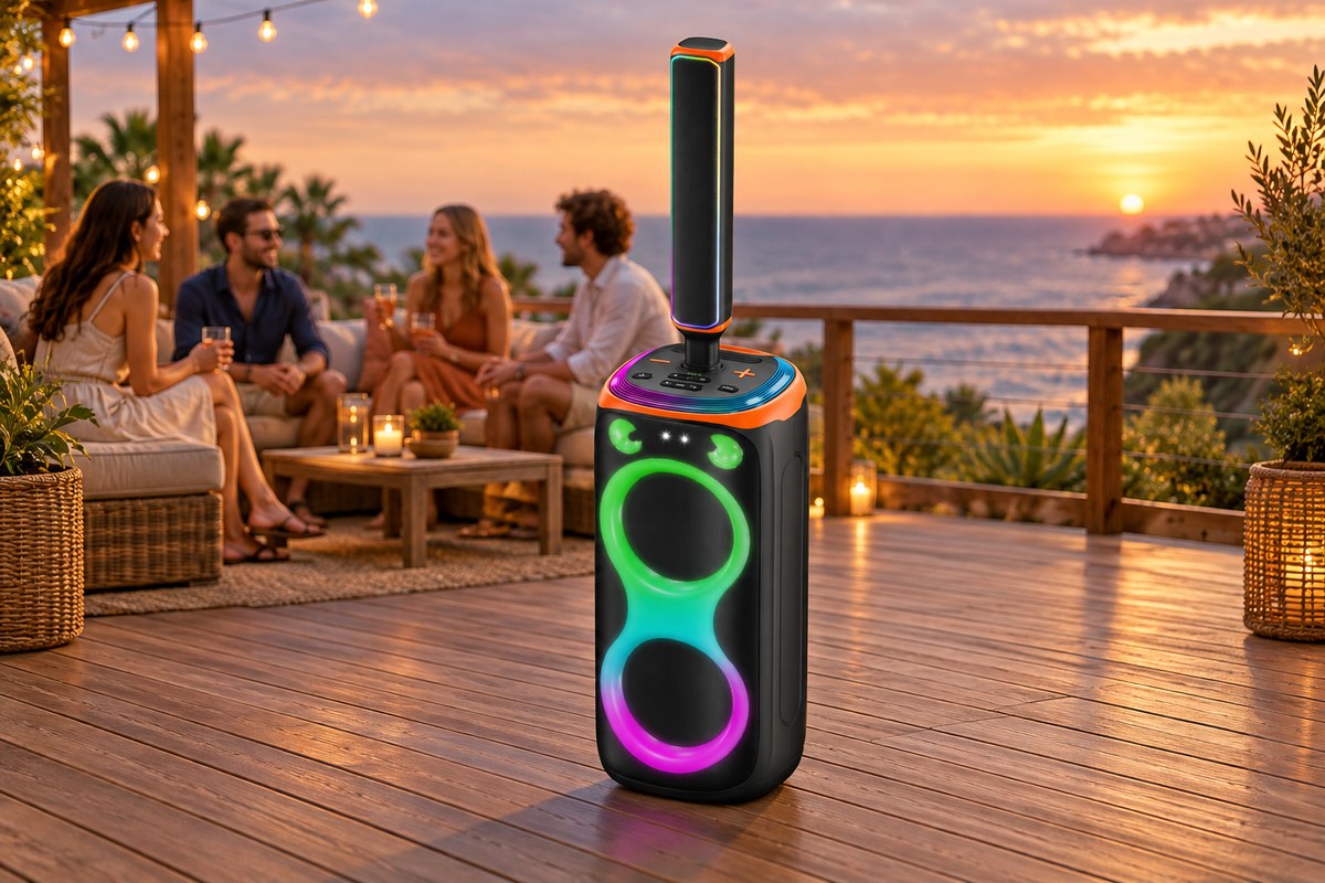 AP-2109YZ2 sound column speaker in a beachside gathering setting