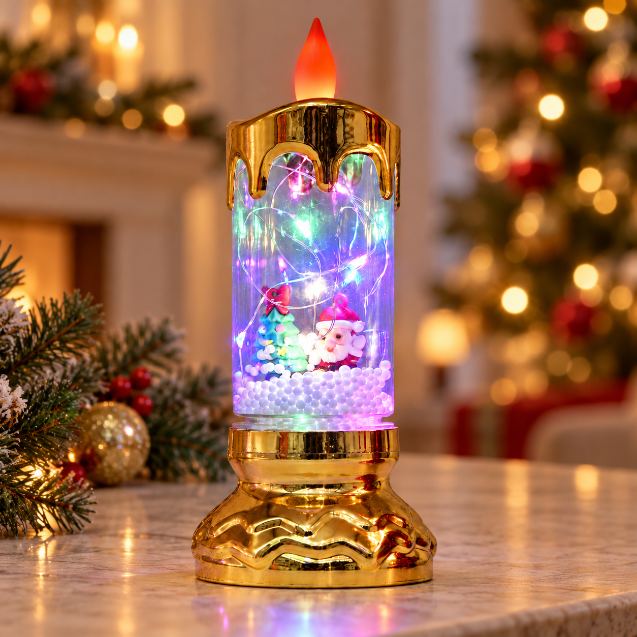 LED Christmas Scene Candle with Fairy Lights & Steady-On Flame, Low Pedestal Base, USB and Battery Powered for Indoor Tabletop Displays 3