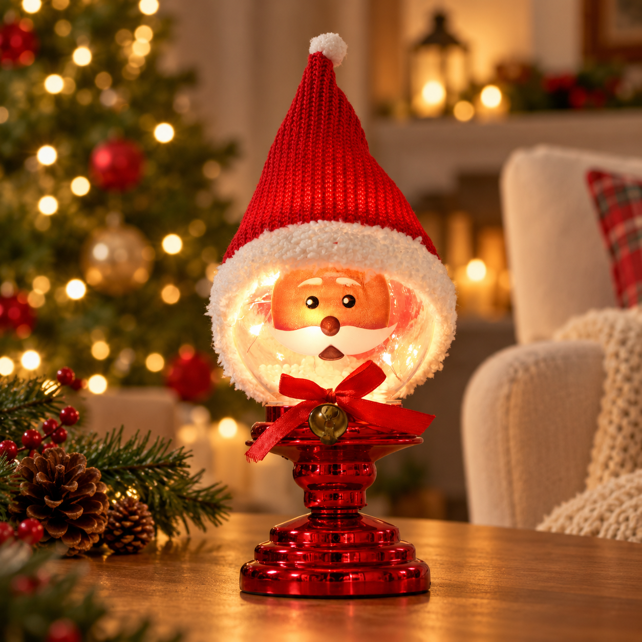 LED Santa Face Christmas Tabletop Decoration with Red Fabric Hat, USB and Battery Powered for Indoor Holiday Displays 3