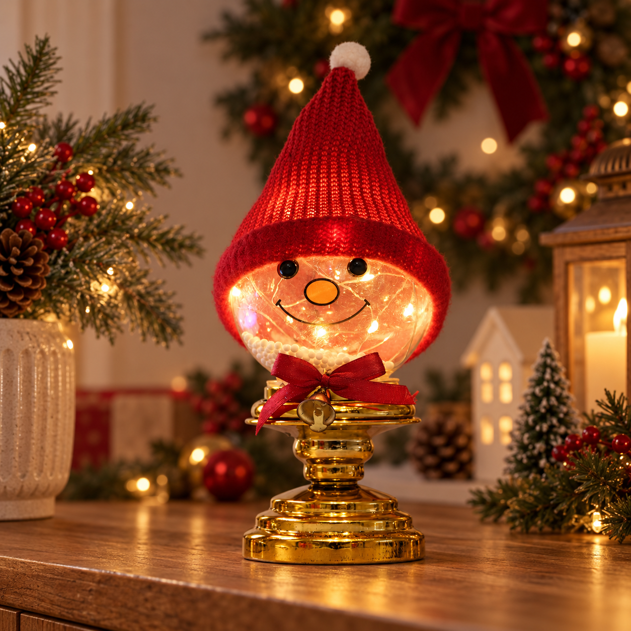 LED Snowman Face Christmas Tabletop Decoration with Fabric Hat & Fairy Lights for Indoor Holiday Displays 1