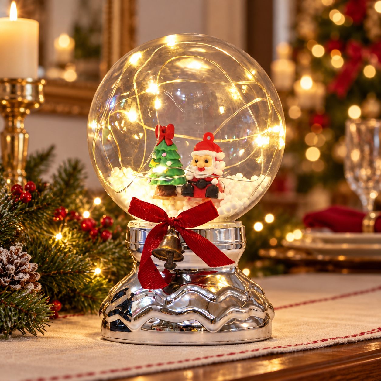 LED Christmas Tabletop Decoration with Globe-Shaped Cover & Fairy Lights, Low Pedestal Base, USB and Battery Powered for Indoor Holiday Displays 4