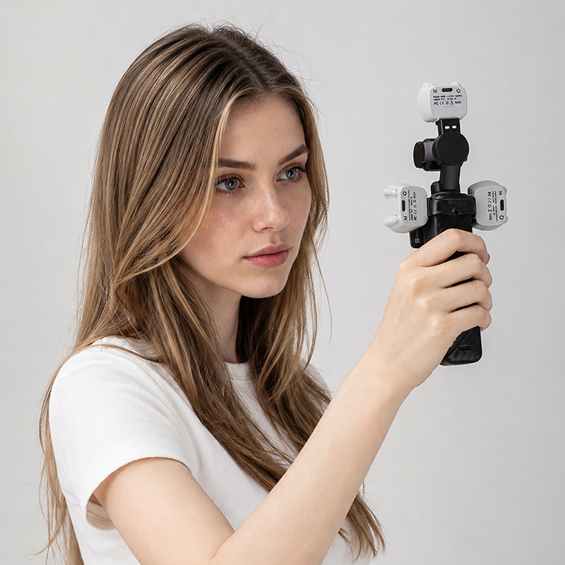 Cat-ear fill light installed on the DJI Pocket 4 gimbal