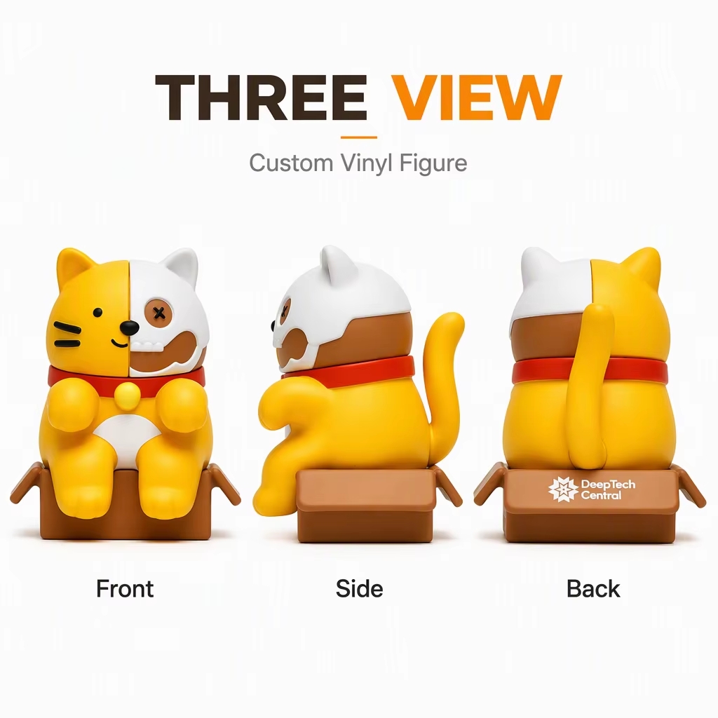 Soft Vinyl Cartoon Figure, Front Side And Back View Of Collectible Cat Figurine