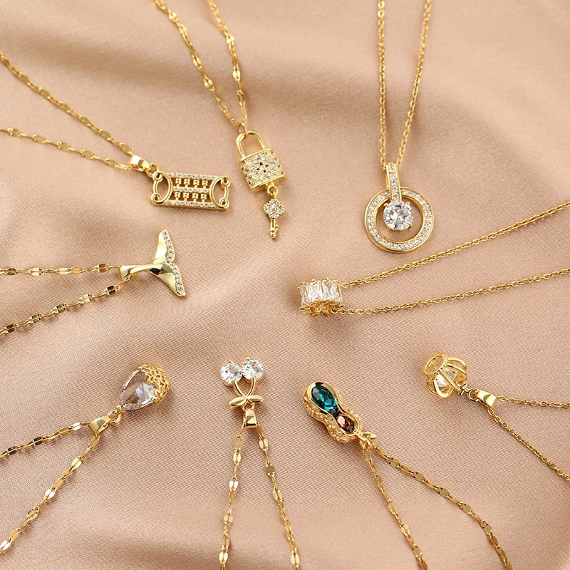 Gold Plated Charm Pendant Titanium Stainless Steel Delicate Rhinestone Fishtail Key Peanut Necklace Jewelry For Women 1