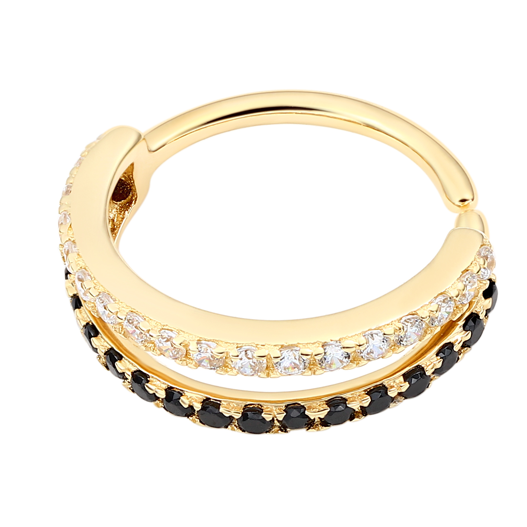 Metal eterno 14k ouro maciço 2 fileiras azeviche<000000>transparente 5a zircônia cúbica pavimentada voltada para a frente orelha<000000>nariz argola umbigo<000000>lábio piercing anel sem costura joia 6