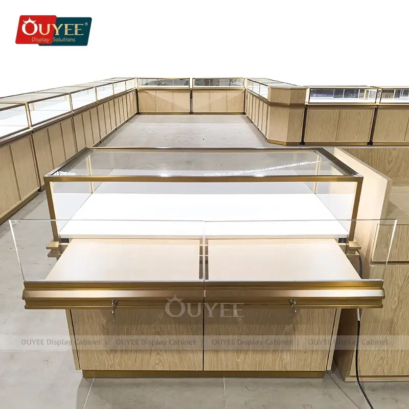 Schmuckladentheke aus Holz mit Glasinsel, Spiegel und Tresor 1