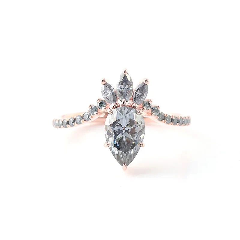Anillos de moissanita gris oscuro de primera calidad, con diamantes en forma de pera, en oro rosa, ideales para el compromiso de damas. 1