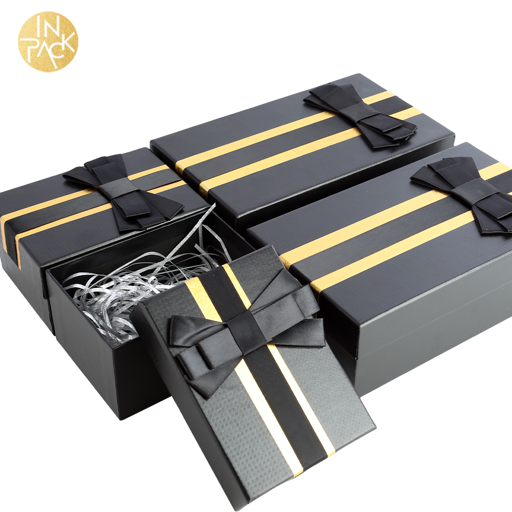 Schwarze Geschenkbox aus festem Papier mit Schleife für Hochzeitsbonbons 3