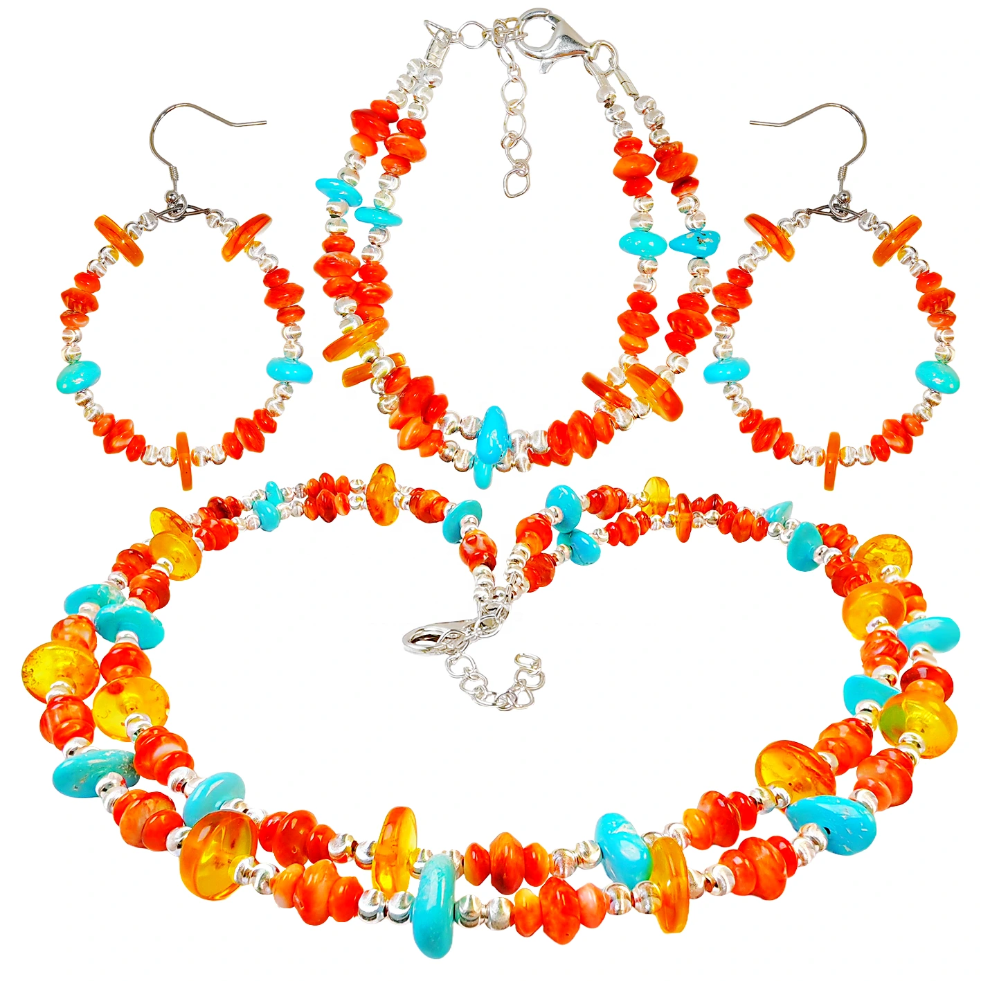 Sterling Treatment Turquoise And Orange Spiny Oyster Are Strung Into A Set By S925 Silver 1