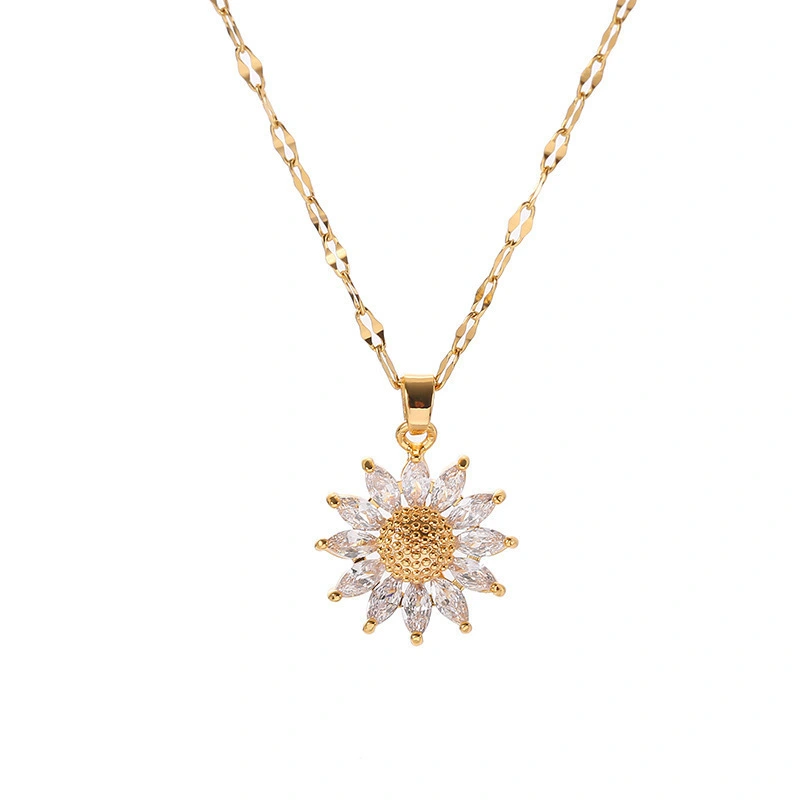 Titanium Steel Zircon Sunflower Pendant Necklace Gold Plated Sunshine Flower Sweater Chain For Women Girl Fashion Jewelry Gift 1