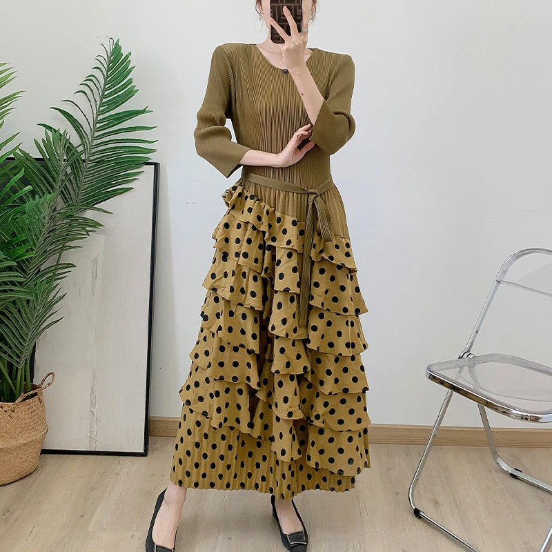 Pleats Clothing：Pleated Factory Direct Sale 2025 New Design Pleated Skirt Polka Dot Printing Women Casual Dress 1