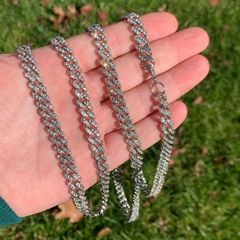 925 Sterling Silber Chunky Moissanit Diamond Eced Cuban Link Kette Halskette Weiß Gold 8mm 1