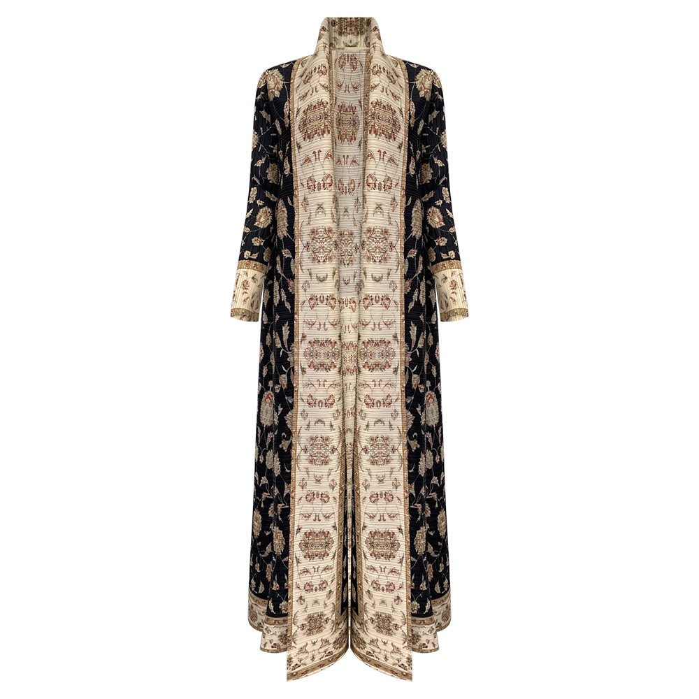 Sonderanfertigungen Willkommen Abaya Plissee Turndown Kragen Vintage Mid East Langarm Kleid Frauen Neues gedrucktes Design Abaya Mode langer lockerer Mantel 1