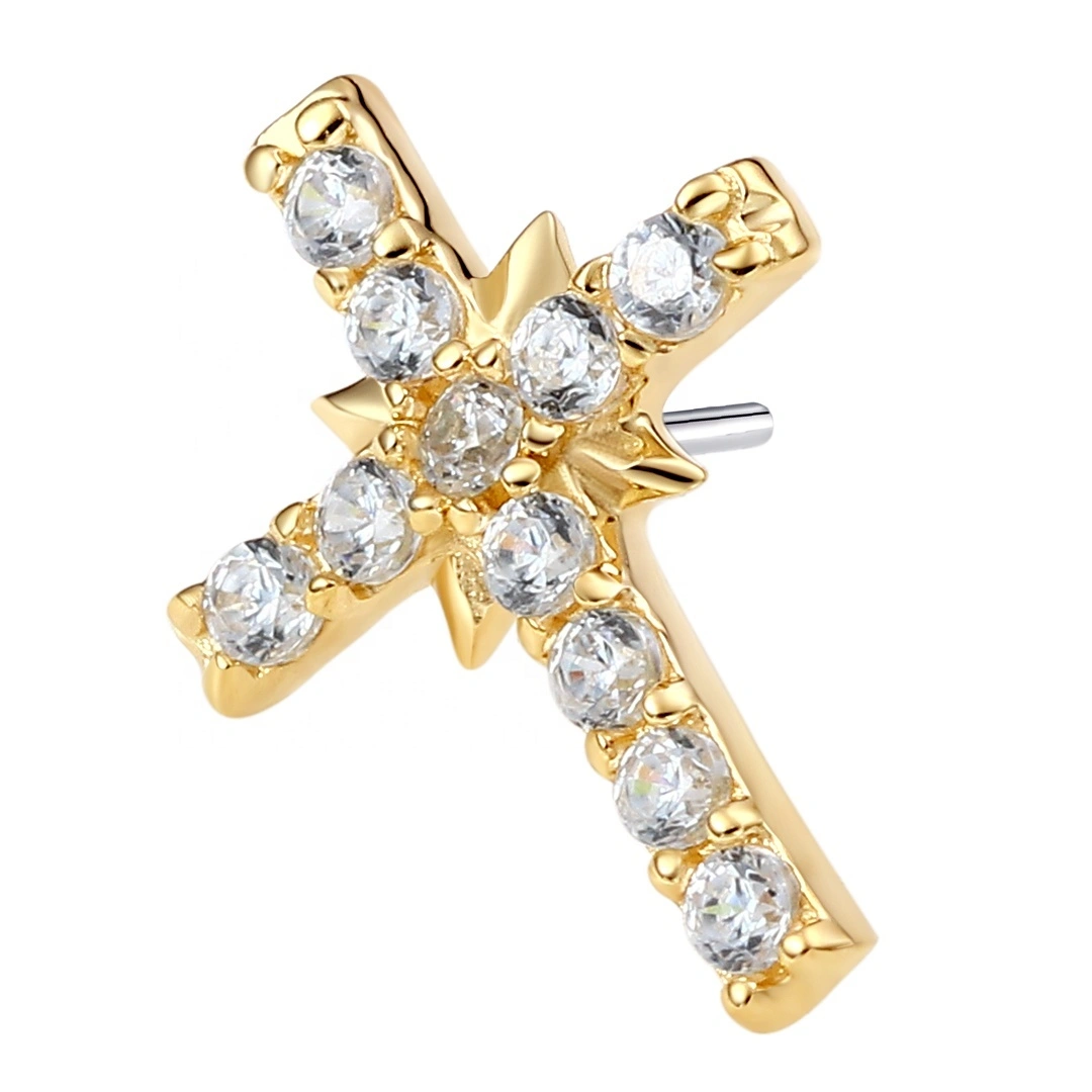 Eternal Metal 14k Solid Gold Threadless Tops With Cross Shaped Piercing Jewelry 1