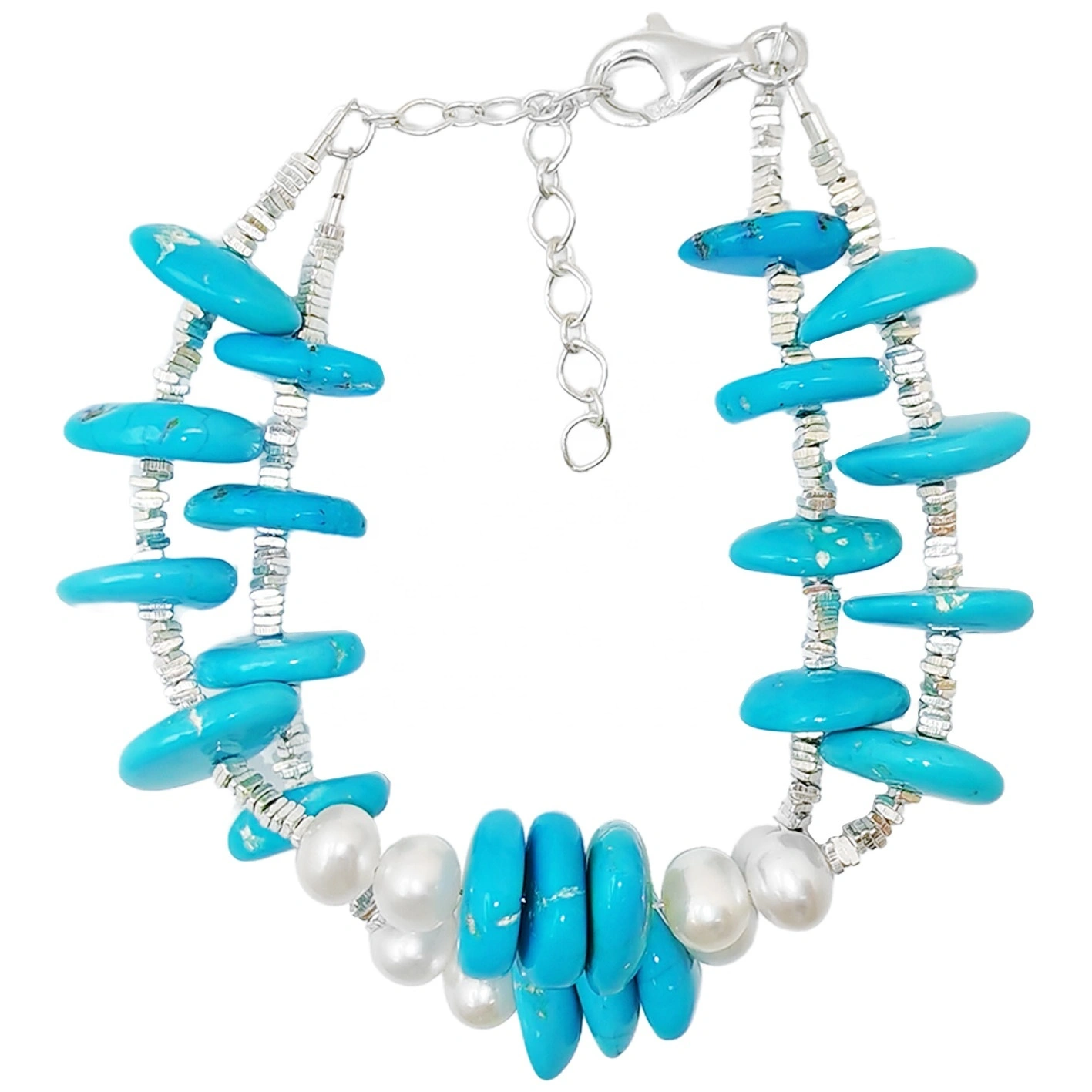 Goddess's Double Layer Natural Turquoise Bracelet For Women Delicate Natural Pearl & Turquoise Beautiful Silver Jewelry 1