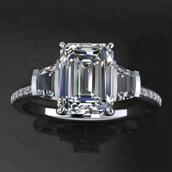 Couleur supérieure 3.5 cmt émeraude coupe trapézoïde côté bague de fiançailles en pierre Moisanite 14K or blanc 1