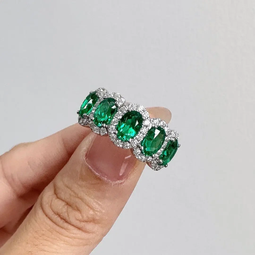 5 Stones 4*6mm Oval Cut Lab Emerald Sapphire Ruby Halo 1.3mm Moissanite Ring 10k Solid Gold Engagement Ring 1