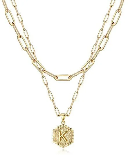 14k Real Gold Plated Paperclip Chain Necklace Cute Hexagon Letter Pendant Initial Choker Necklace Gold Layered Necklaces 1