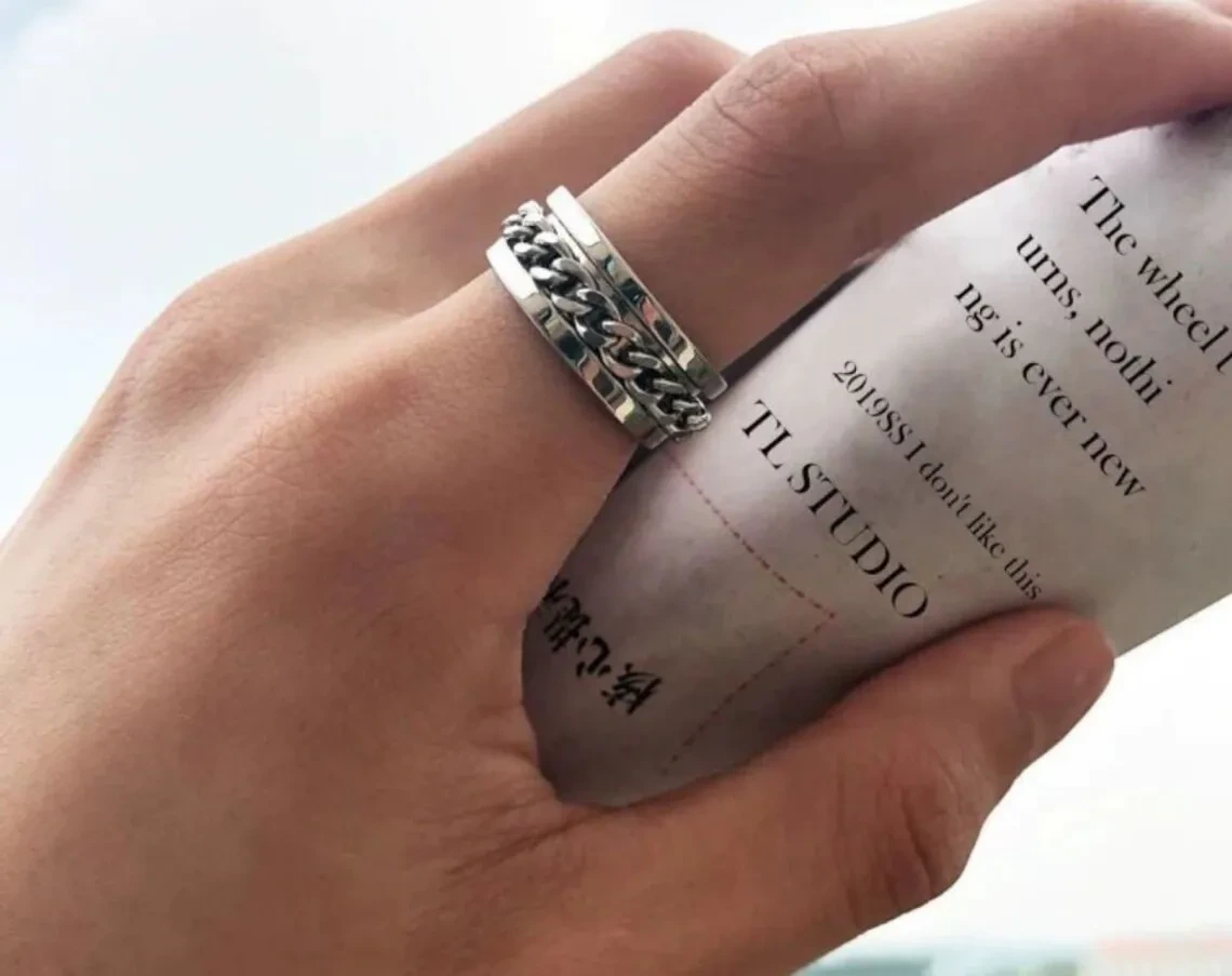 Men Cool Hip Hop Rapper Design Cuabn Chain Style 10k White Gold Rings Mining Without Diamond 1