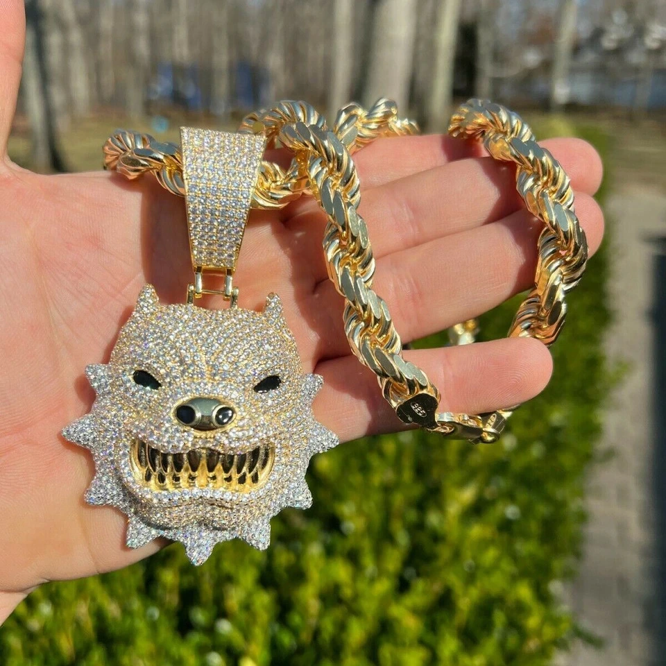 Huge 3.5 Iced Out Vvs Moissanite Diamond Hip Hop 18k Gold Plated Sterling Silver 925 Angry Pitbull Dog Pendant Necklace For Men 1