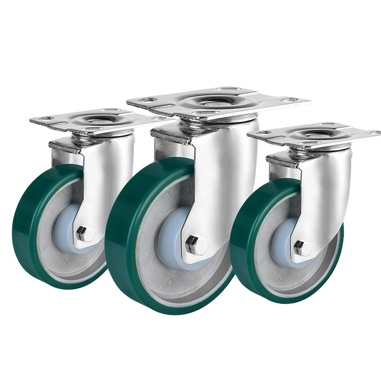 Green Polyurethane Wheel Steel Castor Forklift Parts 4inch Pu Plate Swivel Caster 1