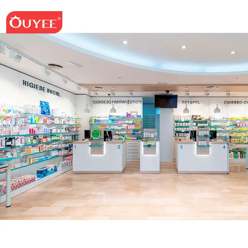 Vetrine espositive per farmacia con cassetti, ideali per arredare negozi di articoli medici. 1