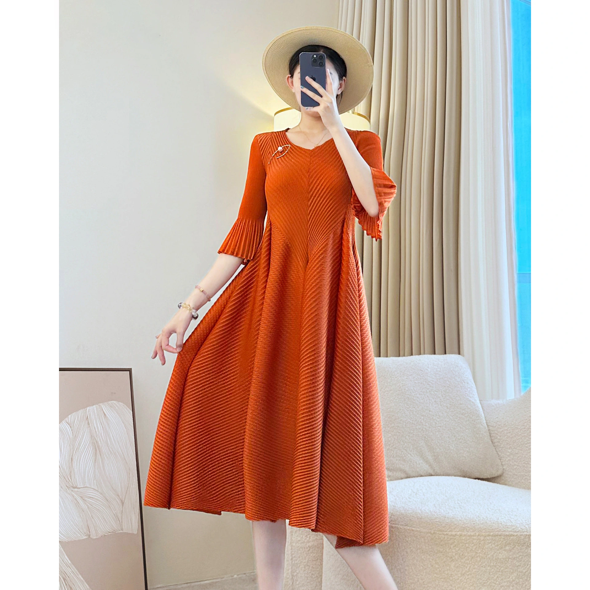 Herbstliches Plisseekleid im Miyake-Stil, elegantes Knospendesign, lässige Komfortkleidung für Damen 1