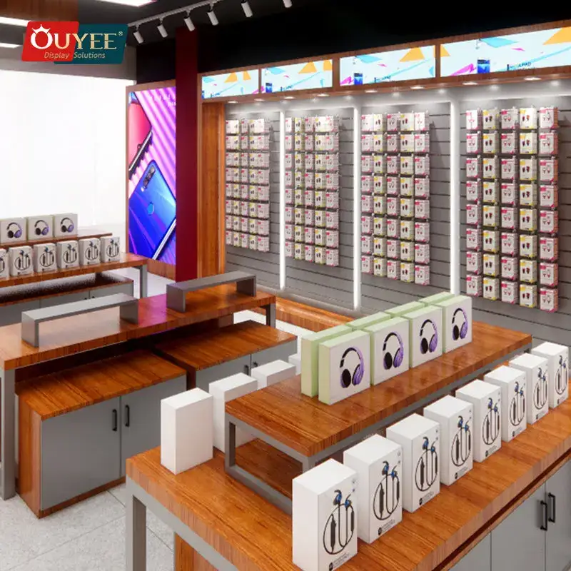 طاولة عرض خشبية لمتجر إصلاح الهواتف المحمولة 1