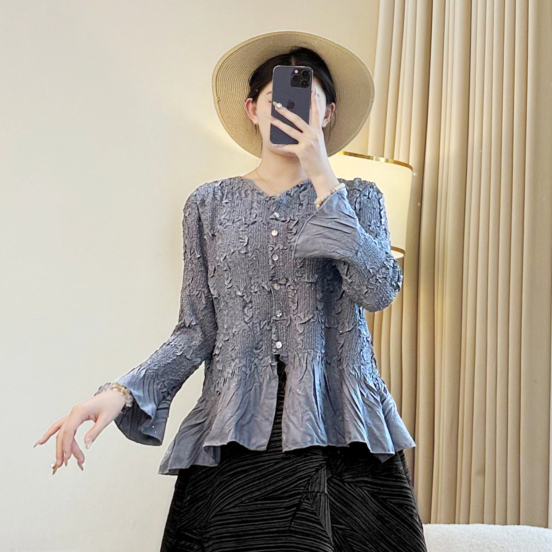 2025 Autumn Pleated Round Neck Button Shirt Top 1