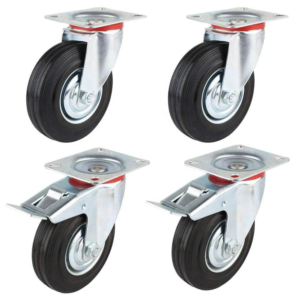3 3.5 4 5 6 8 Inch Zinc Plated Black Solid Rubber Oil Proof Wheel Castor Rigid Swivel Locking Brake Trolley Cart Garbage Casters 1
