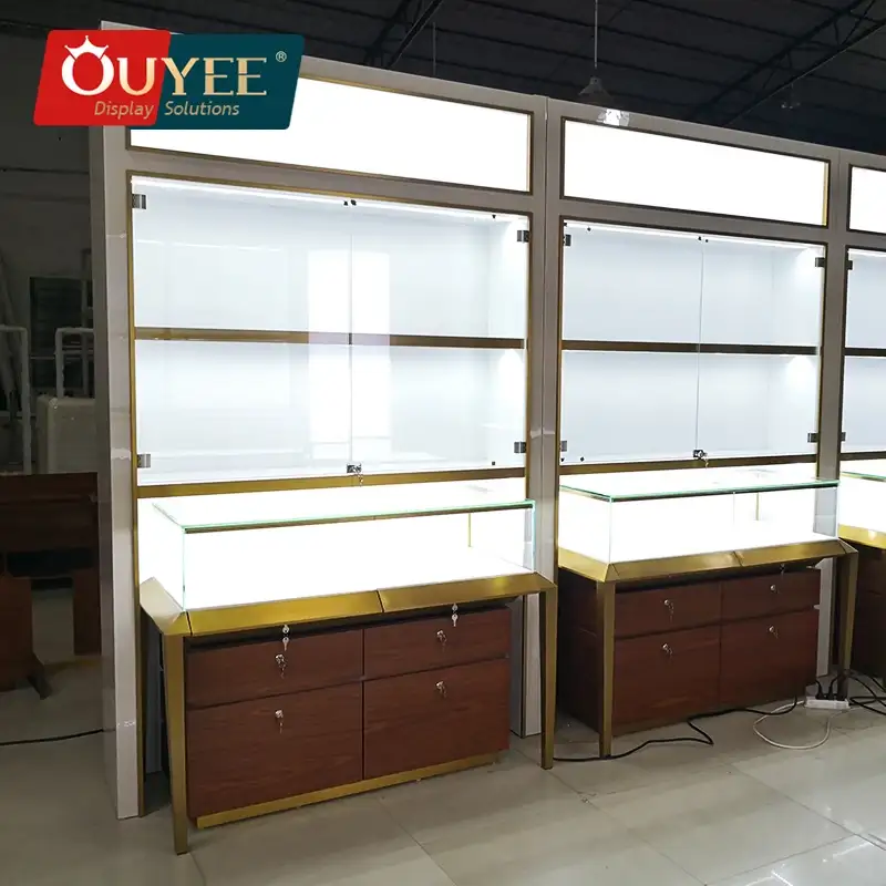 خزانة عرض مجوهرات جدارية مصنوعة من الخشب والزجاج حسب الطلب للمتاجر 1