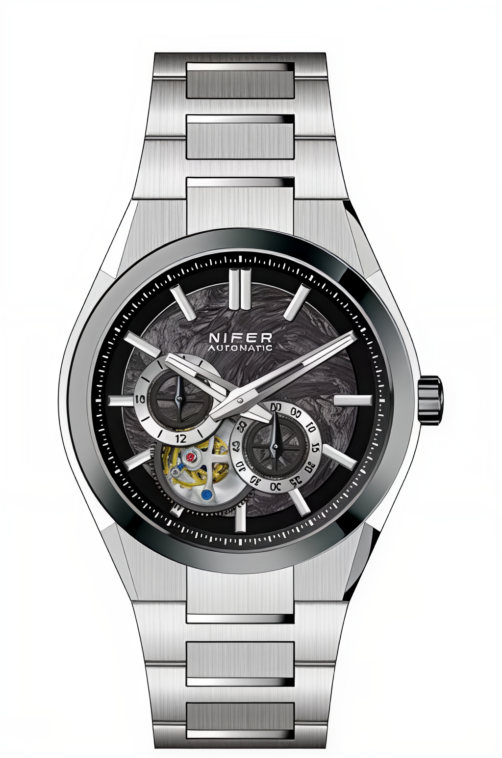 Nifer Herren-Armbanduhr mit mehreren Hilfszifferblättern, halbskelettiertem Gehäuse, Zifferblatt aus Naturstein, integriertem Edelstahlarmband, wasserdicht bis 5 ATM, Business-Sportuhr 3