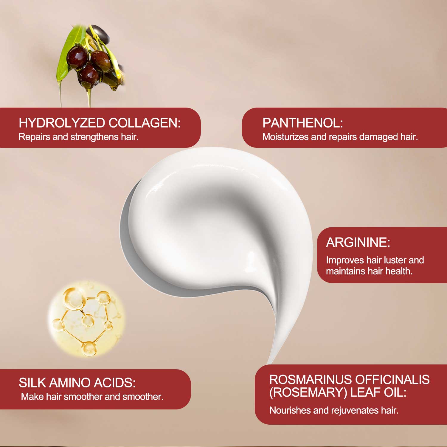 Mascarilla capilar todo en uno de uso diario, no grasa, de fácil absorción, sin enjuague, con colágeno hidrolizado, restaura la salud capilar y nutre. 5