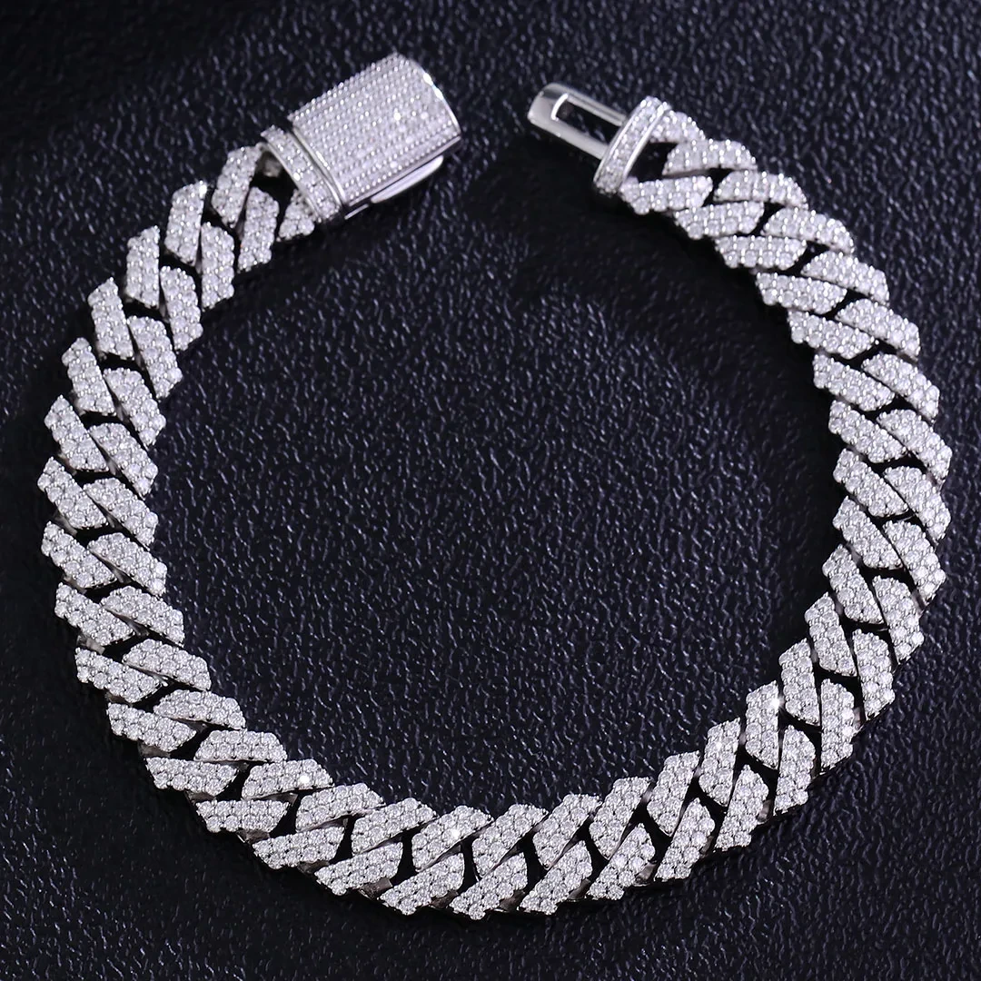 [sept. Sale ] 12mm Cuban Bracelet + Chain In White Gold 2 Row Of Moissanite Diamonds 925 Silver Gold Plated 18k 7-24 1