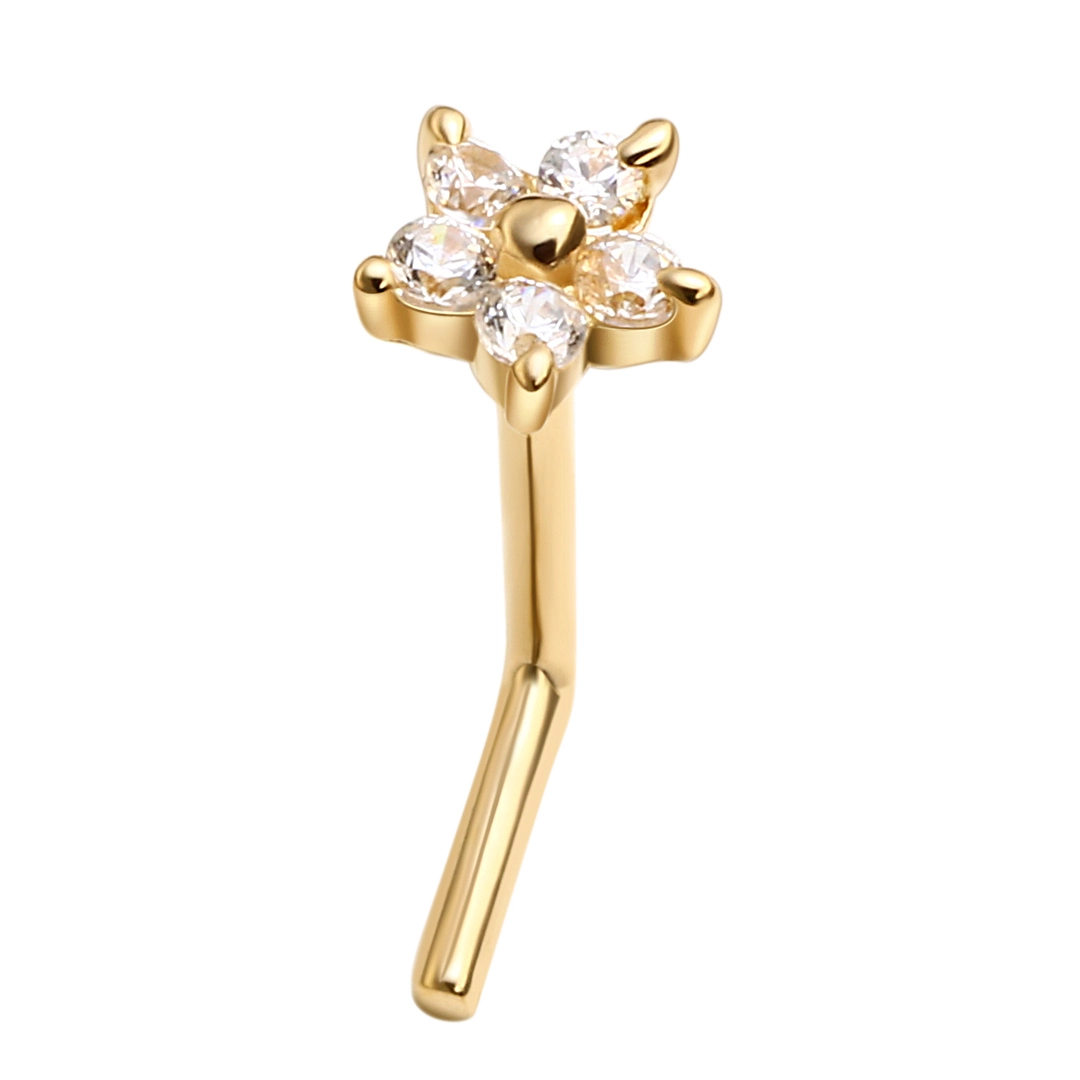 Eternal Metal 14k Solid Gold Bodi Pierc Jewelry l Bend Shape Flower Top Nose Stud Ring 1