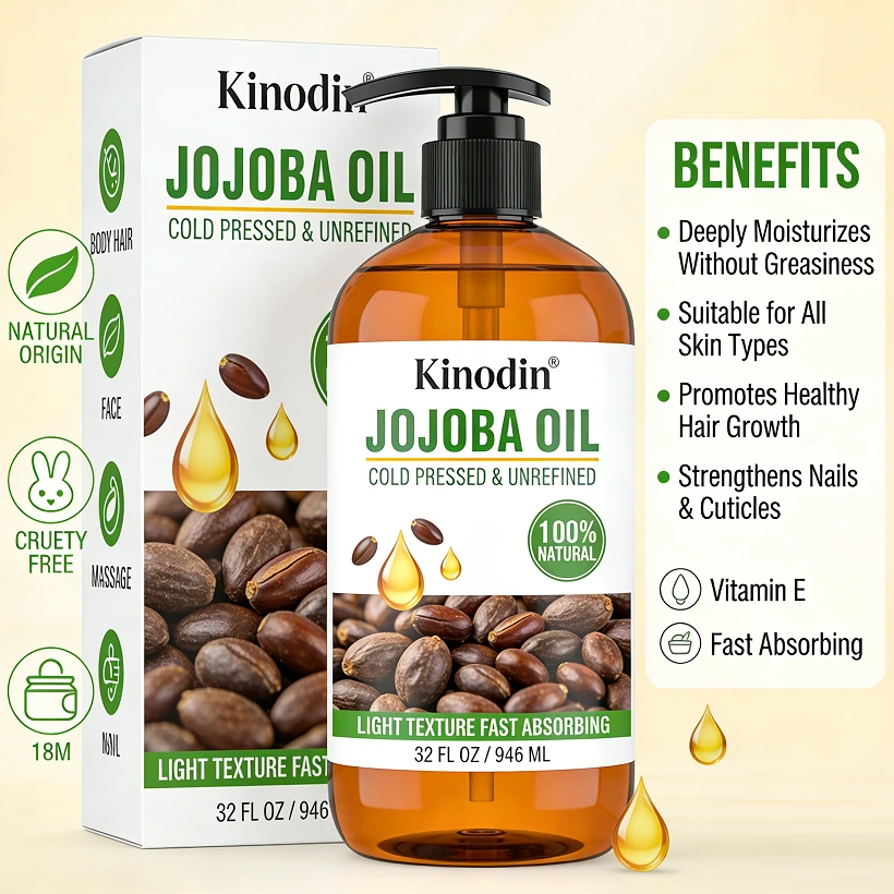 Óleo de Jojoba Orgânico Kinodin 946 ml (32 fl oz) 100% Puro, Natural, Não Refinado, Livre de Hexano, Óleo Carreador Prensado a Frio para Cabelo, Corpo, Rosto e Unhas 1