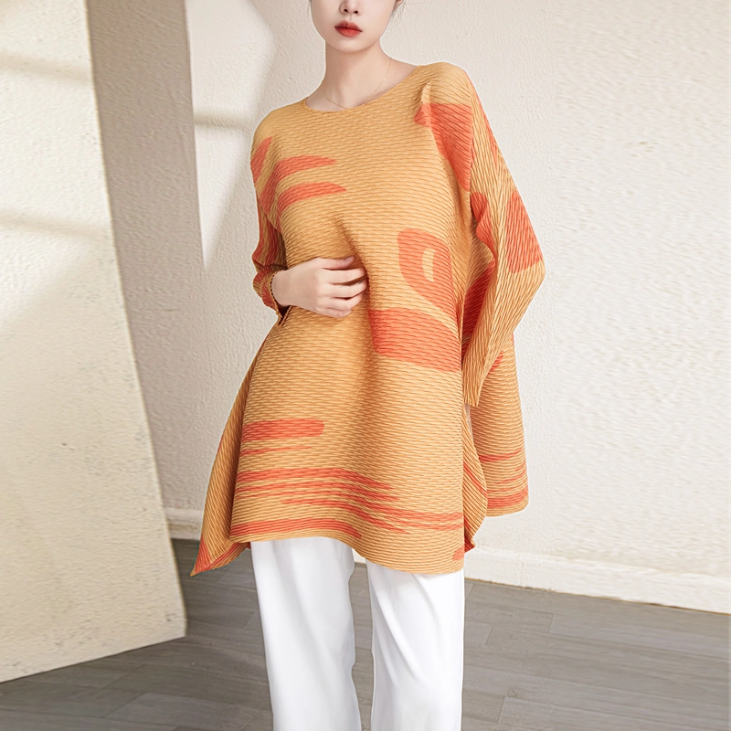 Wholesale Pleated Shirts – Private Label  Custom Design High Quality Miyake Latest Design Pleated Top Women's Casual Style Fashion Printing Long-sleeved T-shirt 1
