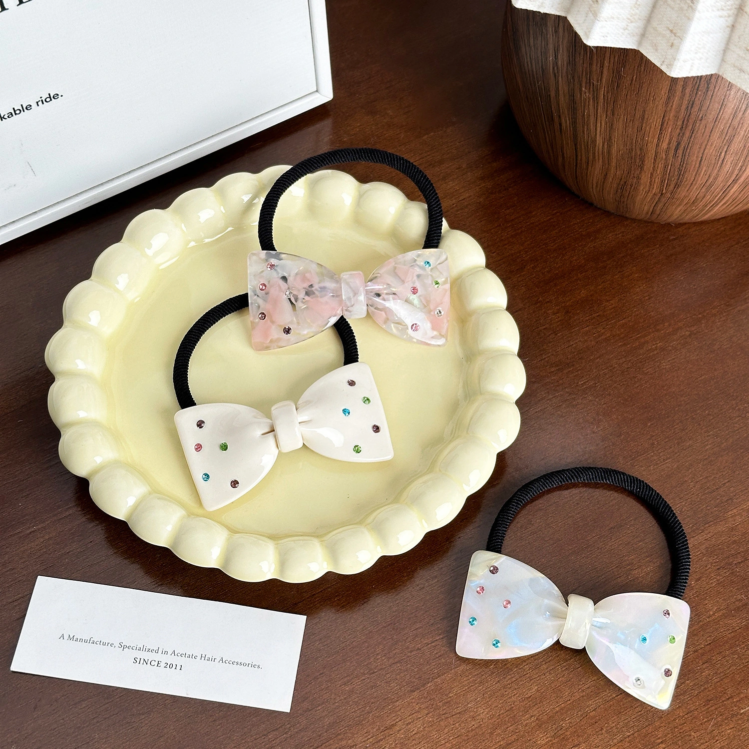 Dowell Cute Bowknot Acetate Elastic Rope Hair Decoration With Rhinestone For Parties Pretty Elegant 1