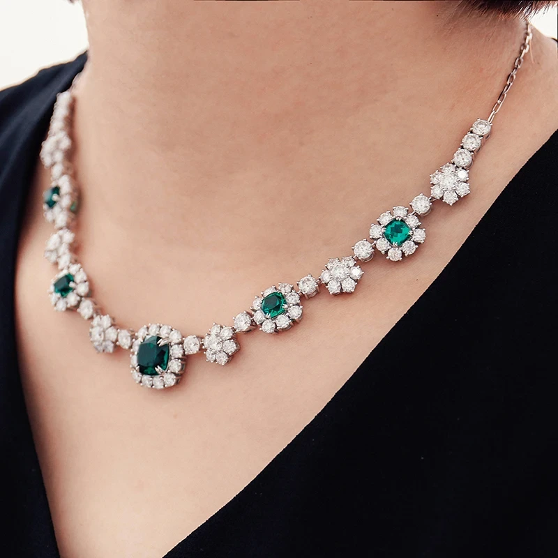 Bijoux Fine Set Bridal Set 14k Solid Gold Lab Laborau de coussin émeraude cultivé & Collier de diamant Moisanite brillant rond 1