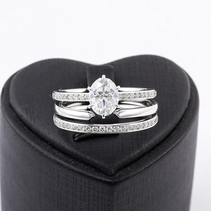 Moisanite Ovale Bridal Ensemble de mariage Anneaux de mariage Ovale Engage de bague de fiançailles ovales de 3 anneaux d'or solide 14k 2ct Bijoux de mariée ovale mince 1