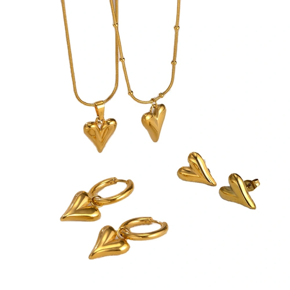 Stainless Steel Love Pendant Necklace Earrings Women's Retro Style 18k Stainless Steel Snake Chain Set 1