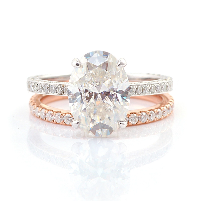Timeless 2 Tones 18K blanc & bague de fiançailles en or rose avec bande correspondante 8x12 OVAL MISSANITE DIAMOND BIELLY SET 1