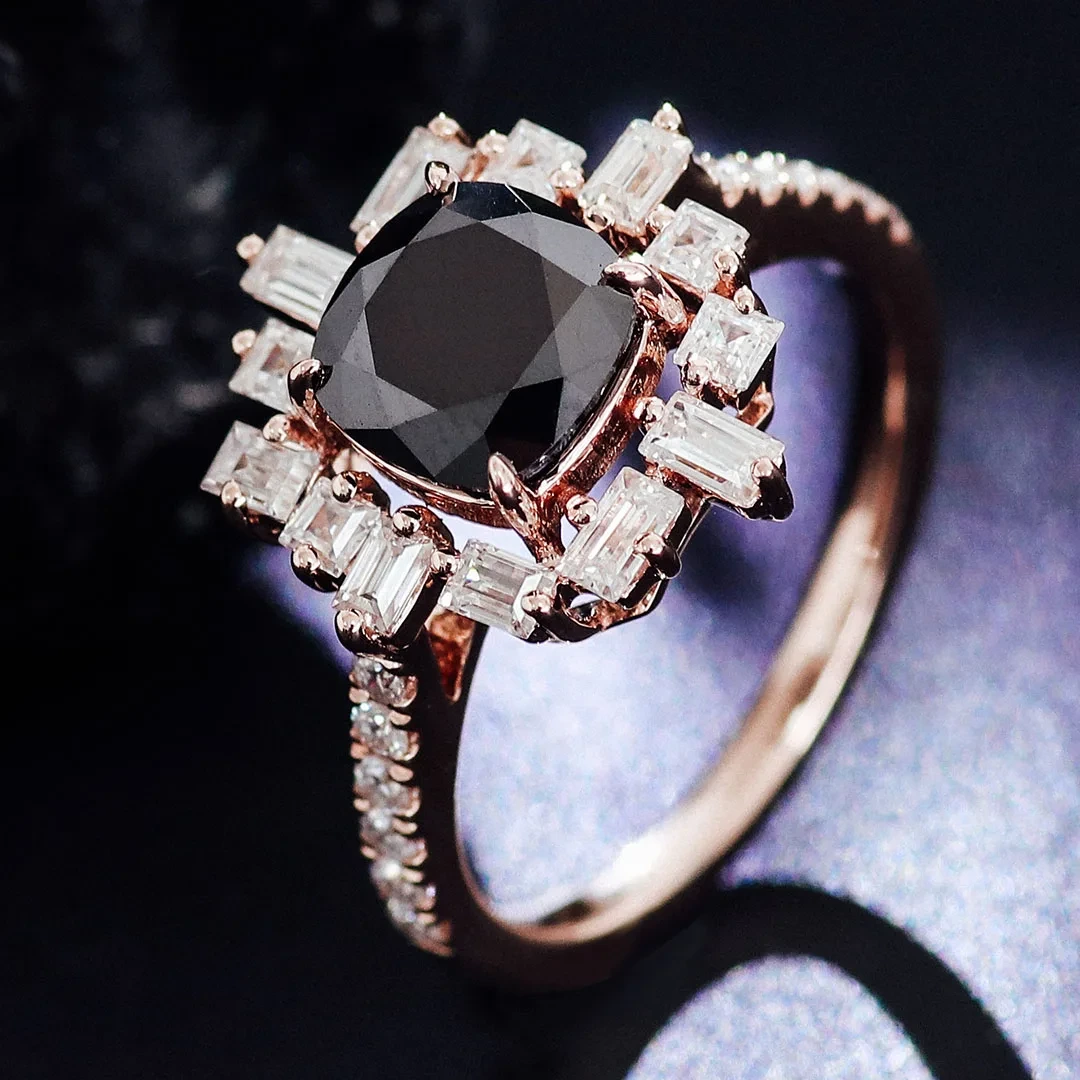 Bague personnalisée en or rose 14 carats, 18 carats, 10 carats, diamant et moissanite coussin noir 1