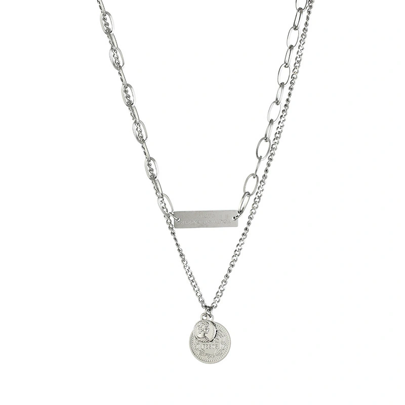 Wholesale Fashion Silver Women Neck Jewelry Stainless Steel Titanium Multi Double 2 Layers Round Square Pendant Necklace 1