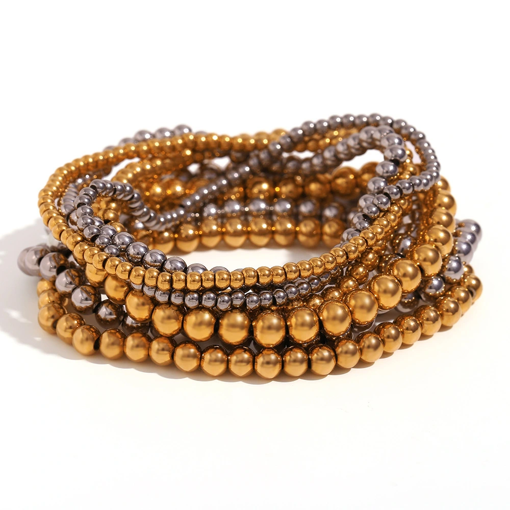 Trendy Vintage Stainless Steel Plated 18k Gold Pvd Plated Elastic Bead Bracelet For Women 1